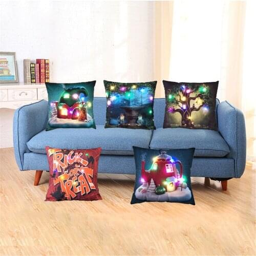 Black Pillowcase LED Color Light Halloween Customized Cushion Cover 45*45 Printed Throw Pillows Cojines Trick or Treat Decor