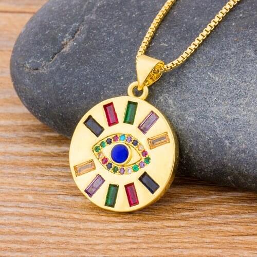 Round Evil Eye Rainbow Crystal Rhinestone Choker Necklace Gold Color Chain CZ Necklace Pendant Jewelry For Women Girls Gift