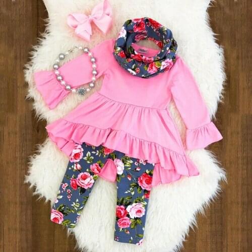 Pink Toddler Kids Baby Girls Flower Top Blouse Pants Leggings Outfits Set Clothes 2-7Y