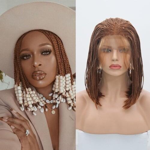 Charisma Brown Micro Bob Braided Wigs Synthetic Lace Front Wigs For Women Crochet Braiding Hair Bob Wig Heat Resistant Fiber