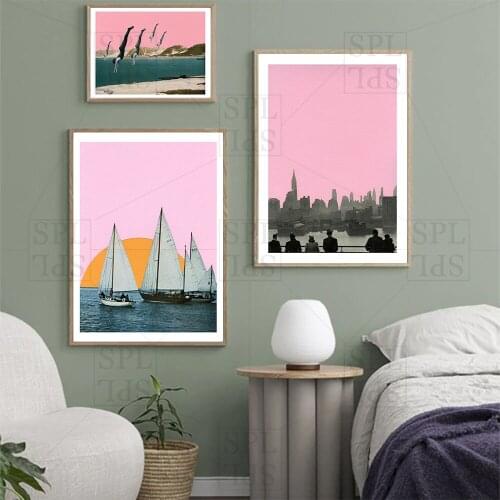 Pink Canvas Painting Sun Sailing Boat Wall Picture for Living Room Decor Urban Architecture Canvas Painting Modern Funny Prints