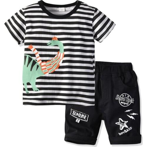 2Pcs Toddler Kids Baby Boys Cartoon Dinosaur Clothes Short Sleeve Stiped Tops T-shirt+Shorts Pants Summer Boys Outfits Set 2-6T