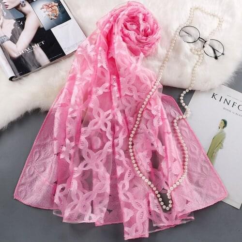 Pretty Floral Clover Cutout Thin Scarf Womens Hijab Muslim Headscarf Silk Wool Embroidered Organza Fashion Long Shawl 190X70cm