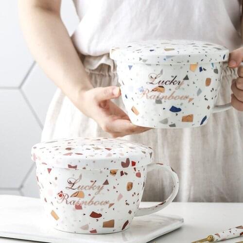 Creative Large Mugs Breakfast Cereal Ceramic Bowl Calix Water Milk with Lid Tableware Fruit Ramen Soup Friends Gift Dessert Cups