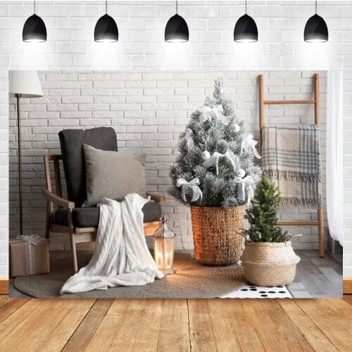 Laeacco Christmas Tree Interior White Brick Wall Sofa Carpet Birthday Photo Background Photographic Backdrop For Photo Studio