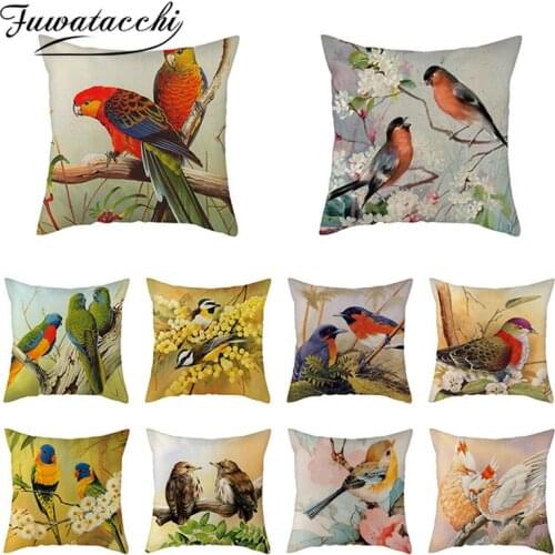 Fuwatacchi Linen Birds Photo Pillow Case Flora and Fauna Printed Pillow Cover New for Home Sofa Decorative Cushion Cover 45x45cm