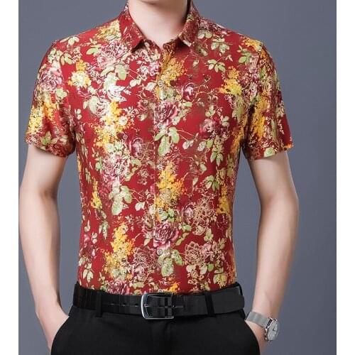 Mens Short Sleeve Clothes Summer Male Casual Printing Dress Shirts Fashion Floral Printed Shirts