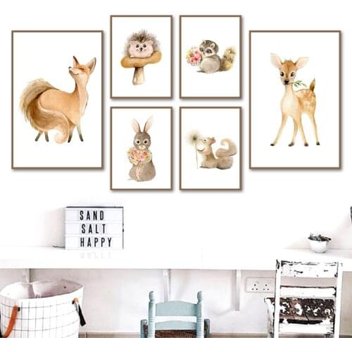Hedgehog Raccoon Squirrel Rabbit Deer Animal Wall Art Canvas Painting Nordic Posters And Prints Wall Pictures Kids Room Decor