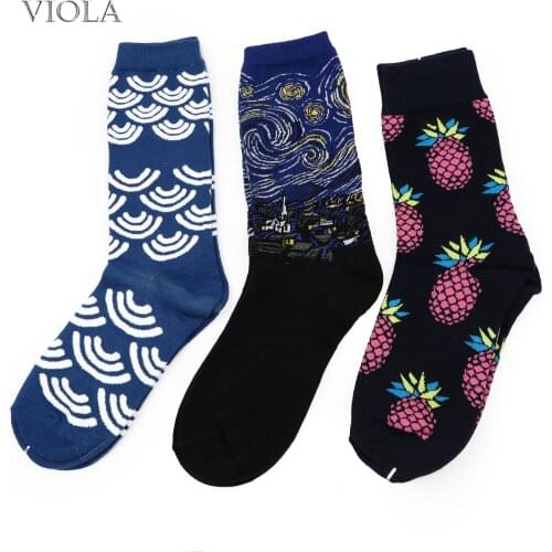 Men Cotton Cartoon Funny Pineapple Waves Starry Night Middle Tube Socks Spring Autumn Daily Comfortable Worm Creative Design
