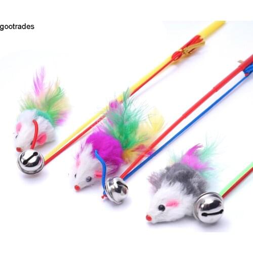 New Kitten Cat Toy Mouse On A Rod Teaser Bell Feather Play Pet Dangler Wand