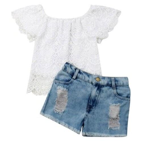 Baby Girl Clothes 2pcs Set Kids Baby Girl Outfit 1-6y Summer Clothes Sets Lace Floral Tops+denim Short Pants Set 1-6 Years