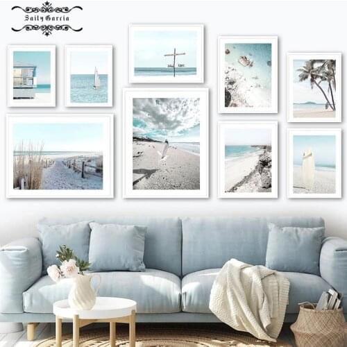 Mediterranean Seascape Poster Seagull Palm Sailboat Tropical Canvas Painting Nordic Prints Wall Pictures for Living Room Decor