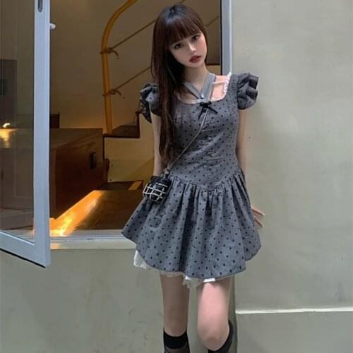 Korean College Style Harajuku Dress Vintage Square Collar Lace Bow Wave Point One Piece Cool Girl Butterfly Sleeve Slim Dresses