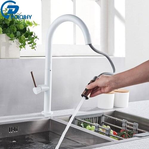 POIQIHY Kitchen Faucet 360 Rotating Blackened Sink Tap Cold and Hot Kitchen Mixer Tap Rose Golden White Pull Out Kitchen Mixers