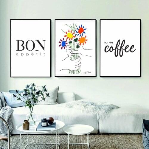 Kitchen But First Coffee Poster And Prints Black White Flower Hand Wall Art Canvas Painting Wall Pictures For Dining Hall Decor