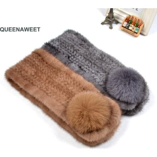 Hand Knitted Mink Fur Scarf Fashion Real Fur Scarf Wraps Woven Women Neck Winter girls Warm Soft knitting Shawls