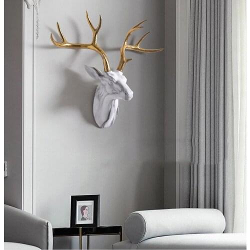 Nordic Home Living Room Background Wall Hanging Marble Texture Deer Head Wall Sculpture Golden Antlers Hotel Wall Decor Statue