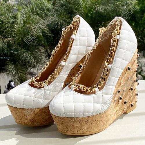 Ronticool Handmade Women Beautiful Pumps Sexy Gold Chain Wedges High Heels Round Toe White Party Shoes Women US Plus Size 5-20