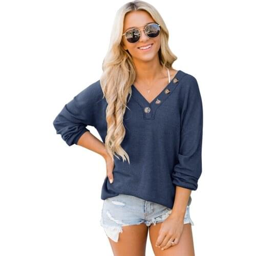 Solid Color Long Sleeve V Neck Button Decoration Sweatshirt Women Casual Loose Streetwear Plus Size Simplicity Knitting Tops