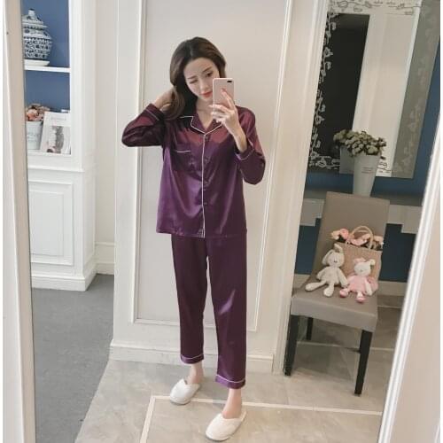 2021 Spring Autumn New Simulation Silk Pajamas Womens Long Sleeve Lapel Style Home Wear Set Female Sleepwear Sleeping Wera