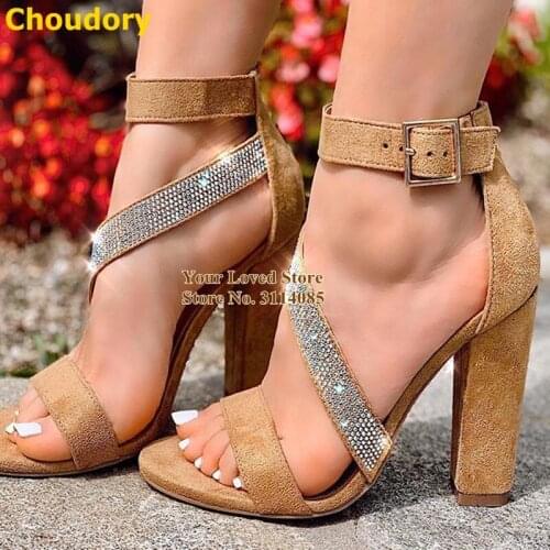 Choudory Nude Black Suede Patchwork Chunky Heels Glittering Rhinestone Buckle Strap Bride Shoes Crystal Vogue Prom Shoes Size46