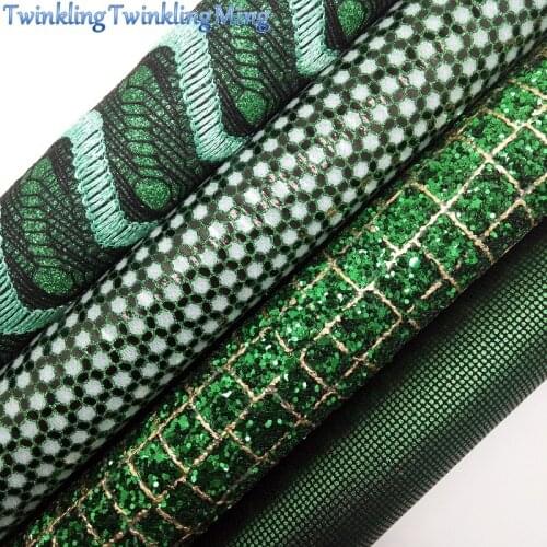GREEN Crocodile Printed Glitter Fabric, Arrow Glitter Leather, Metallic Faux Fabric For Bow A4 21x29CM Twinkling Ming XM011G