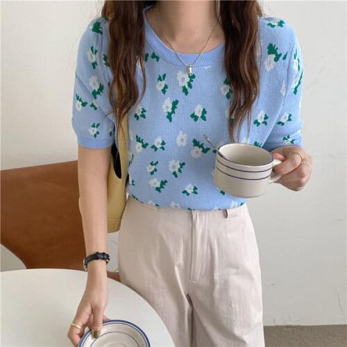 Knit Woman Tshirts 2021 Summer Korean Style Streetwear Cute Floral Print O-Neck Short Sleeve T-Shirt Casual Knitwear Tops T690