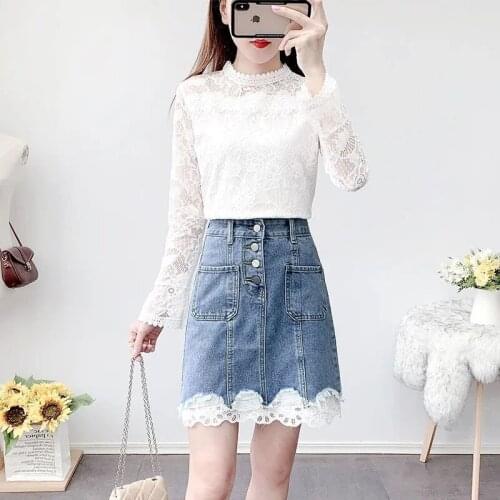 New Spring Autumn Two piece Set Women Fashion White Lace shirt And Denim Net yarn Splicing Skirt 2 piece Set Ladies Set Women