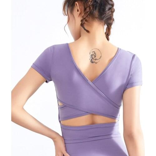 Women Cross Back Crop Top Sport Shirt Compression Slim Short Sleeves Yoga Top Sports Wear For Women Gym