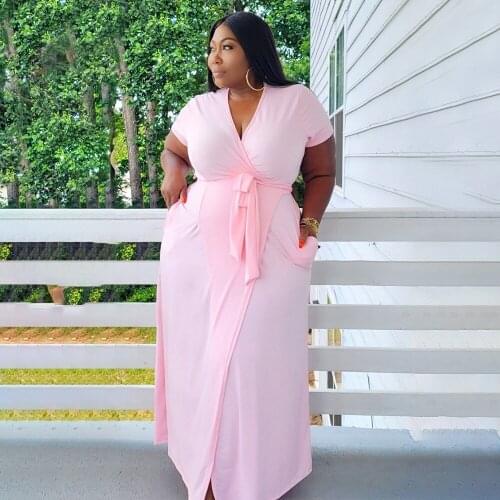 Black Pink Large Size High Waist Long Maxi Dress Women Deep V Neck Short Sleeve Fit and Flare Dress Elegant Plus Size Dresses