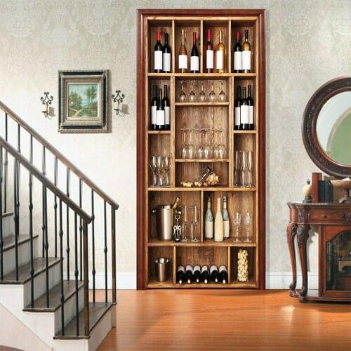 2pcs/set Simulation Wine Cabinet DIY Door Art Mural Stickers Bedroom Living Room Decorative Painting Waterproof Art Wallpaper