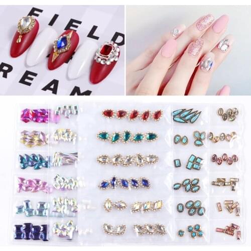 6 Girds/Pack Mixed Design Shiny 3D Nail Art Decorations Crystal Natural Stone Pearl Shell Metal Alloy Glass Diamonds DIY Jewelry