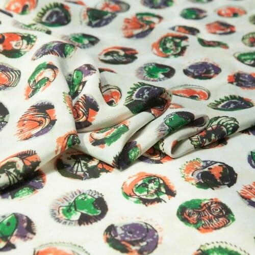 Abstract style monster and dots print pure silk crepe de chine fabric,52"width,sewing for dress,skirt,blouse,craft by the yard