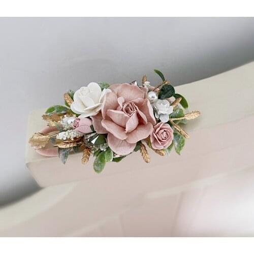 Free Shipping Blush Pink White Flower Rhinestone Beads Golden Leaves Skinny Girl Headband