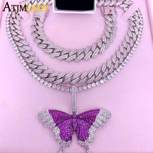5mm CZ Tennis Chain Rose Pink CZ Butterfly Necklace High Quality Iced Out Sparking Bling Butterfly Choker Hiphop Women jewelry
