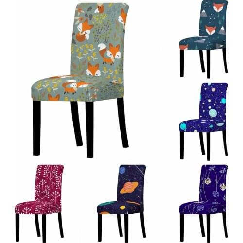 Cartoon Fox Chair Cover Plant Flowers Planet Stretch Seat Cover For Home Dining Living Room Elastic Animal Chair Seat Cover Blue