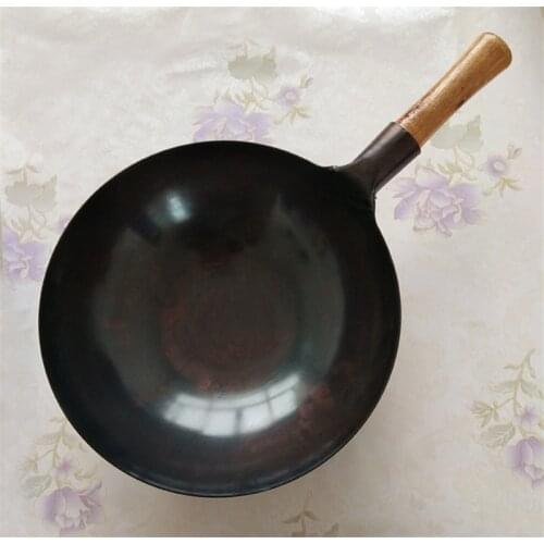 Wooden handle Wok Cooking Wok Household large Iron pot Old-fashioned Uncoated Non-stick pan Round Bottom wok Chef Fried Wok