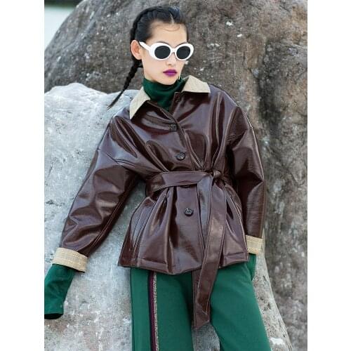 Glossy patent leather jackets female plaid pattern stitching single breasted was thin shiny leather jackets with belt F49