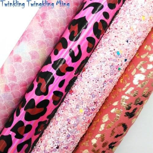 Twinkling Twinkling Ming Pink Glitter Leather Mermaid Glitter Fabric Leopard PRinted Synthetic Vinyl Faux Leather 21X29CM KM534