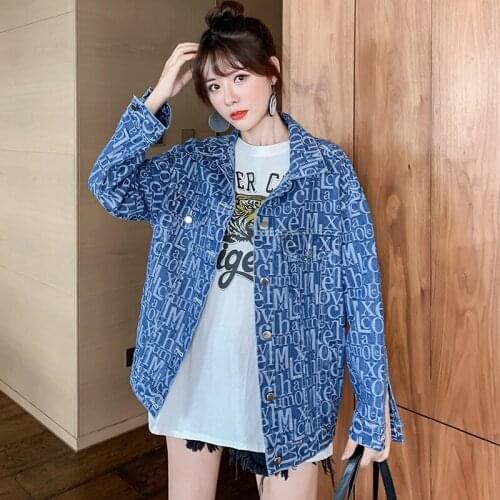 New Denim Jacket For Women Fashion Letter Printed Denim Jacket Loose Single Breasted Jacket Cotton Vintage Washed Denim Jacket