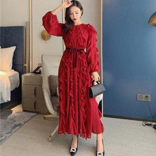 2021 Bohemia Vintage New Womens Fashion Round Collar Long Sleeves Dress Women Elegant Draped Party A-line Long Dress