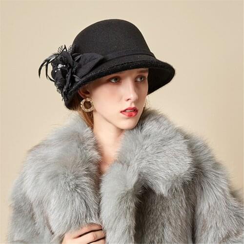 2020 New Women Floral Wool Cap Hats Fedoras Vintage Western Bucket Hats Woolen Bucket Hat Warm Female Bowler Hats Christmas
