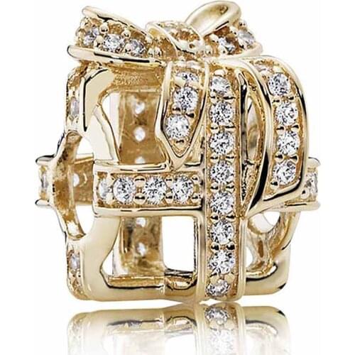 Original Gold Color Shine Wrapped Up Gift Box With Crystal Beads Fit 925 Sterling Silver Bead Charm Bracelet DIY Jewelry