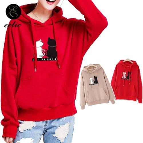 Black And White Cat Kawaii Print Hoodie Cute Clothes Poleron Mujer 2021 Hipster Plain Oversized Sweatshirt Pocket Hoodie Women