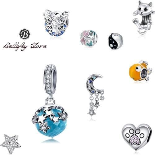 Bellafay Customed Real 925 Silver Dragonfly Charms Cat Beads Heart Fits Original Bracelet Bangles Women DIY Jewelry Decoration