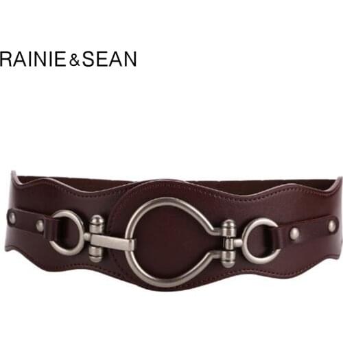 RAINIE SEAN Women Elastic Waist Belt Coffee Cummerbunds Wide Belts Female Genuine Leather Cowhide Brand Designer Belt For Dress