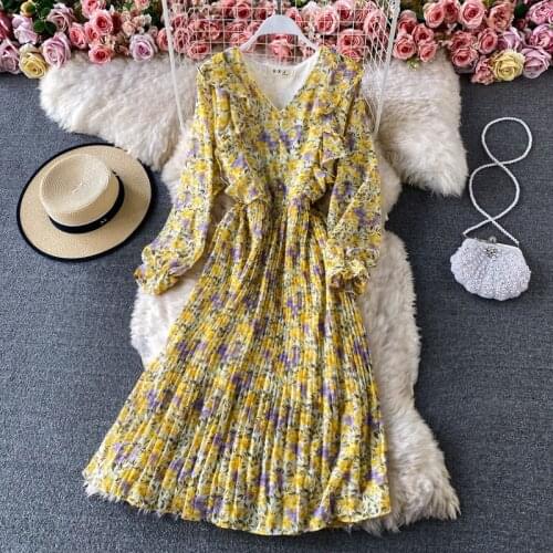 Long Sleeve 2021 Autumn New Female Sweet Ruffled Slim Small Fresh V-Neck Chiffon Pleated Floral Dress Women Midi Vestidos zh661