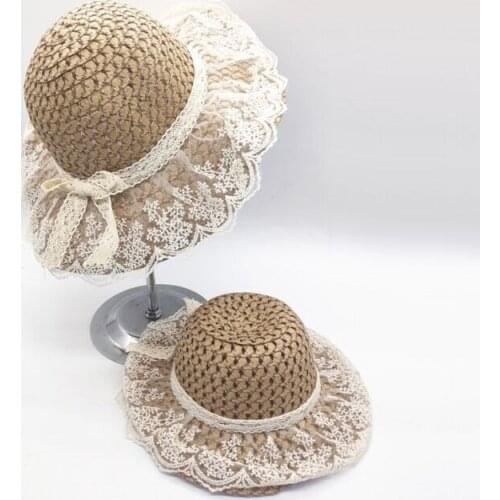 Summer girl holiday straw hat Women baby lace holiday sun protection cap Sun hats wide brim Bow ribbon Panama gorros