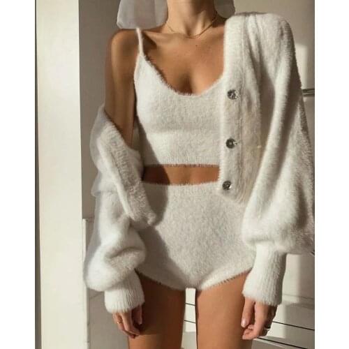 Faux mink fur coat new women set sweaters shorts camis