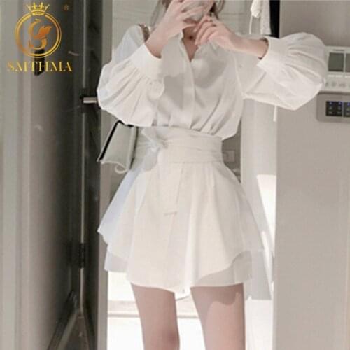SMTHMA 2020 New Summer Women White Long Shirts Two Piece Sets Lantern Sleeve Blouse + High waist Wide leg shorts Suits